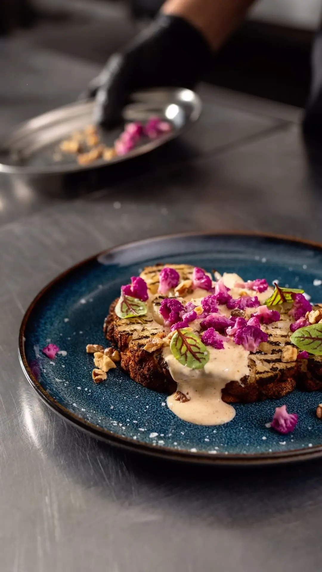 Fine dining plate with edible flowers